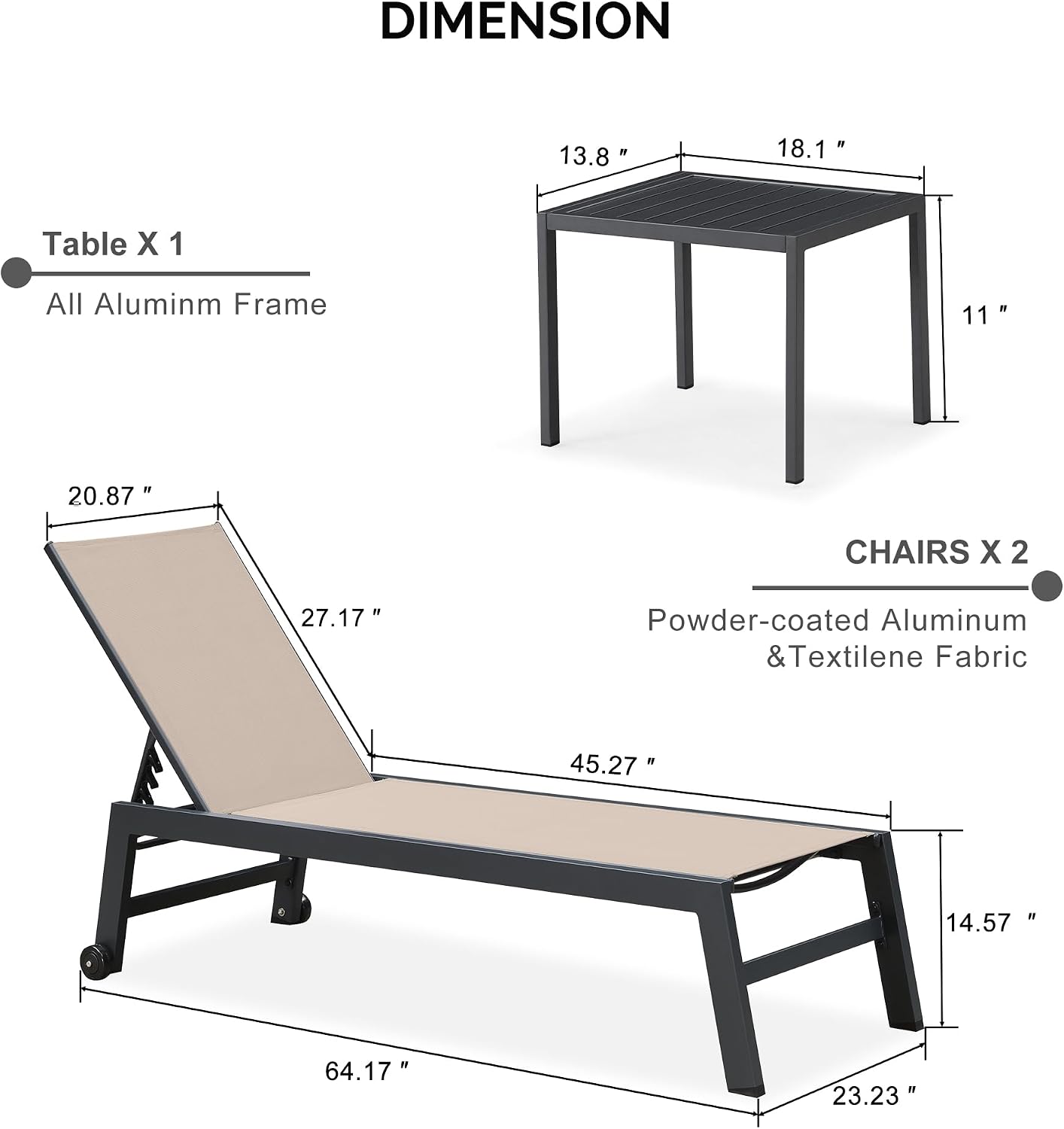 2 Wheeled Aluminum Chaise Lounges Set