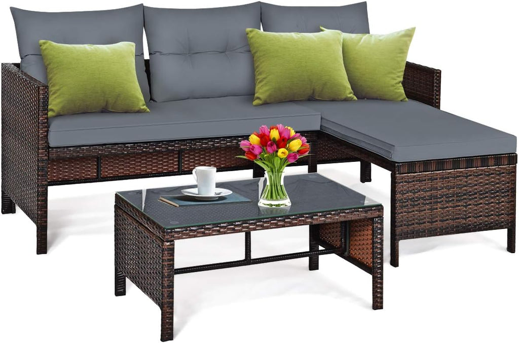 3 Piece L-Shaped PE Rattan Patio Set