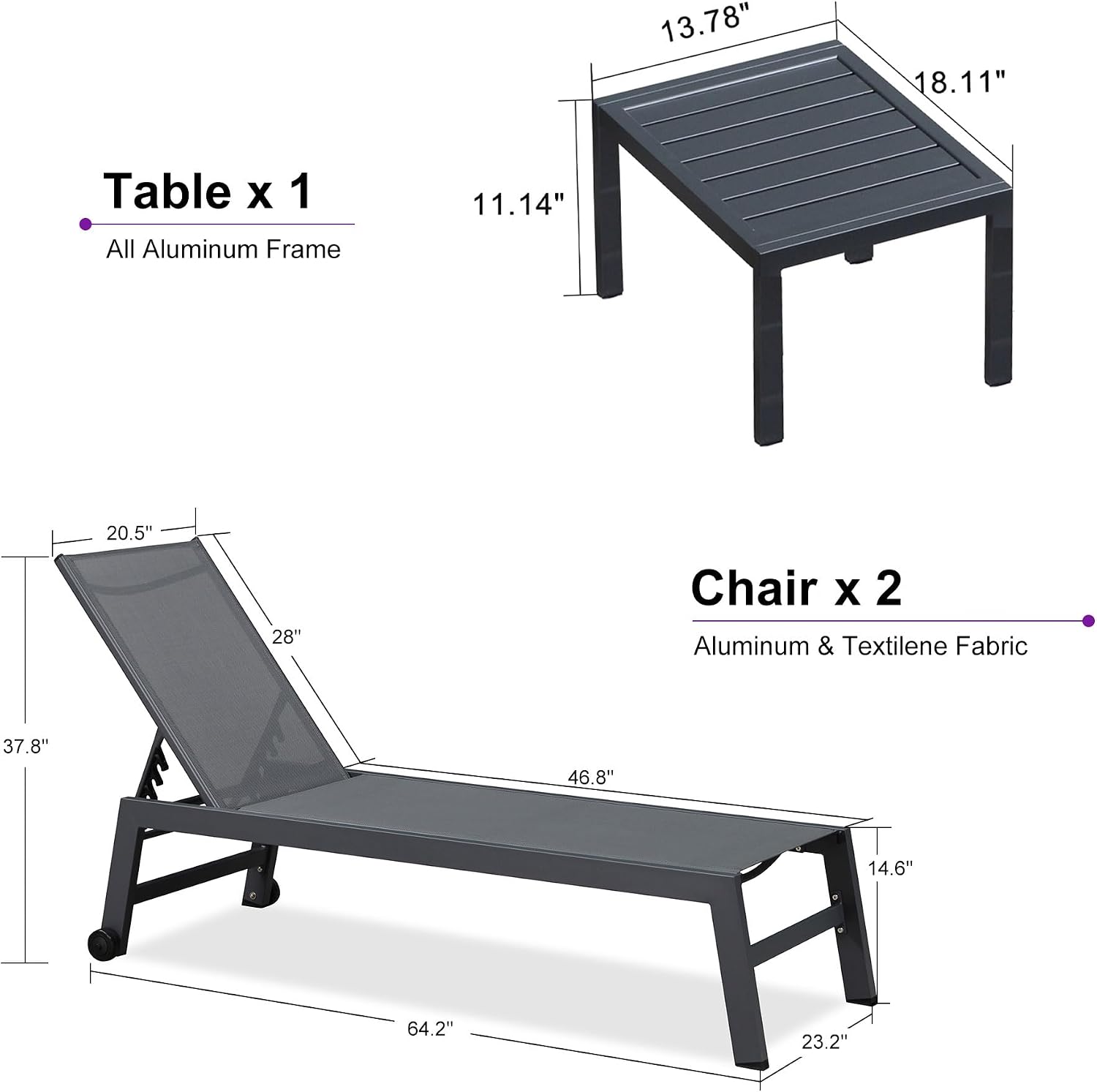 2 Wheeled Aluminum Chaise Lounges Set