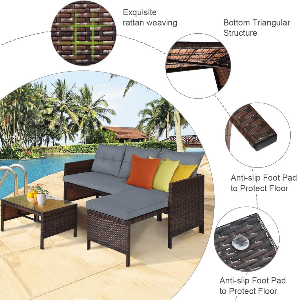 3 Piece L-Shaped PE Rattan Patio Set