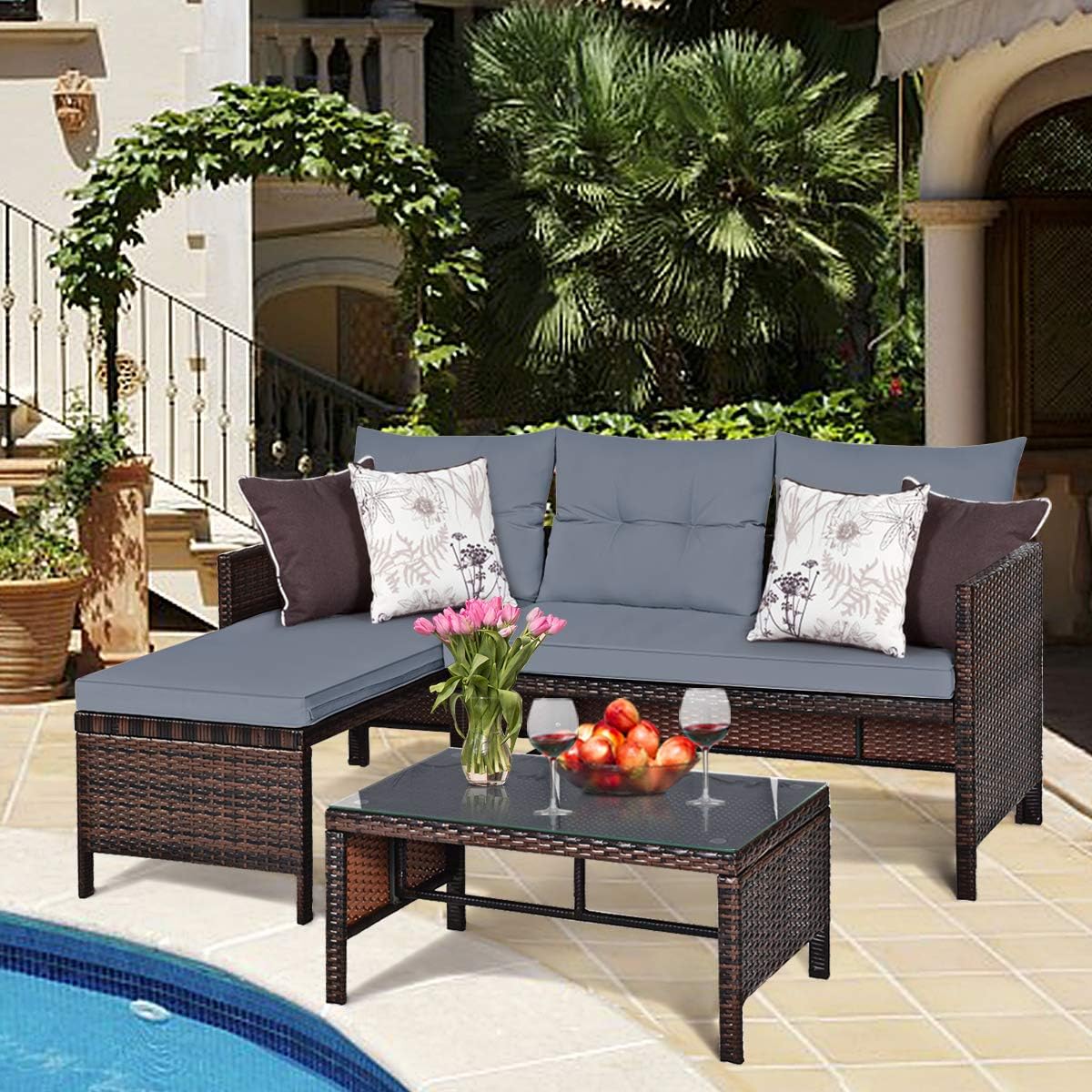 3 PCS Rattan Patio Conversation Set