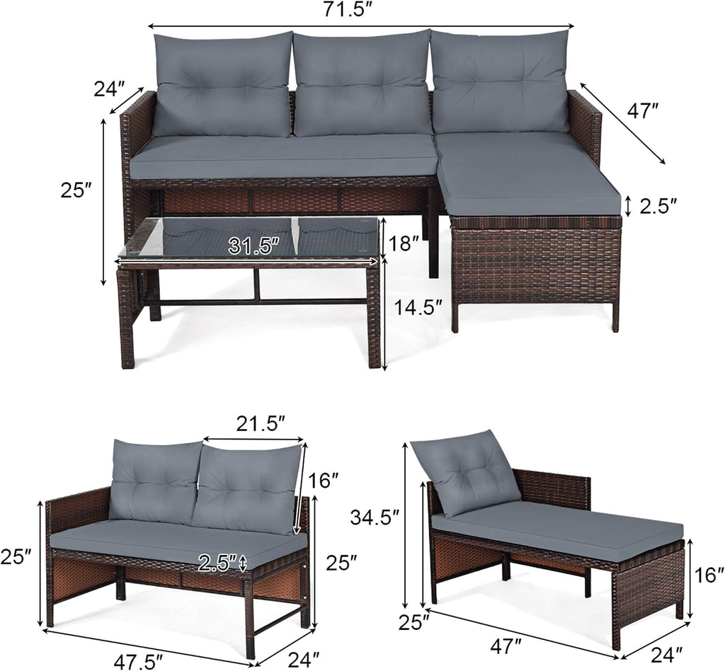3 Piece L-Shaped PE Rattan Patio Set