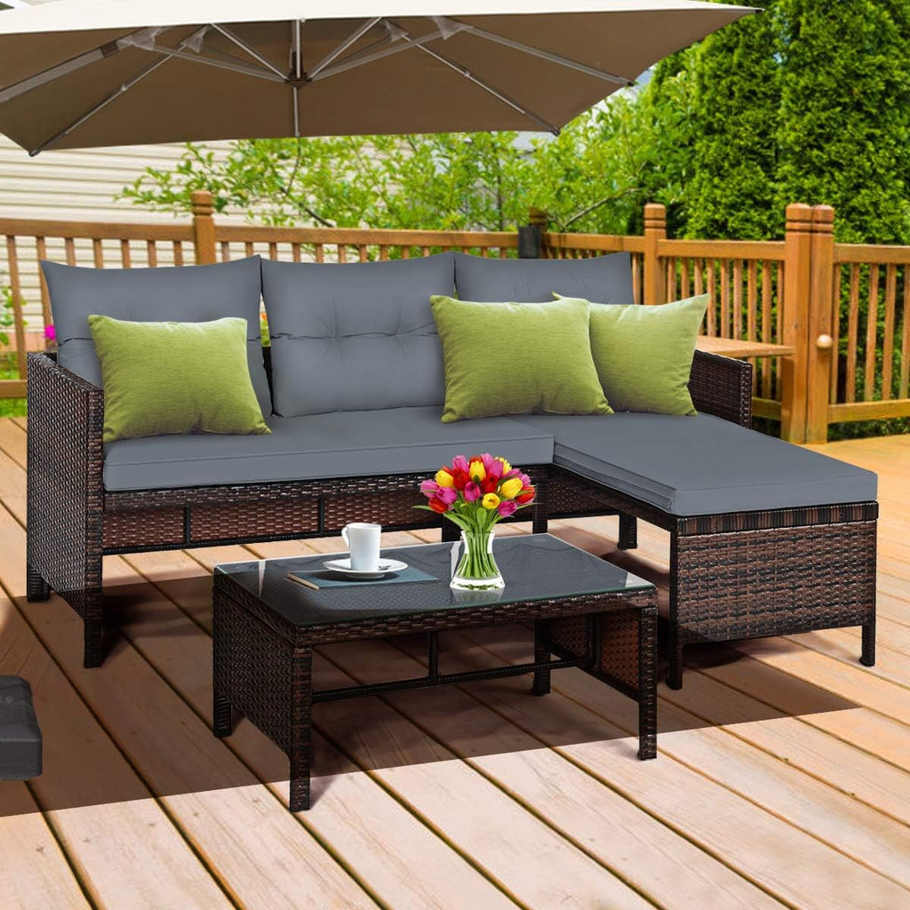 3 Piece L-Shaped PE Rattan Patio Set