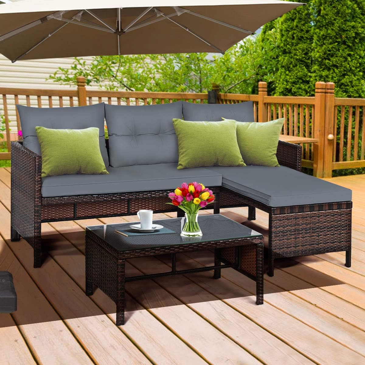 3 Piece L-Shaped PE Rattan Patio Set