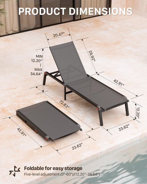 2 Foldable Aluminum Pool Chaise Lounges