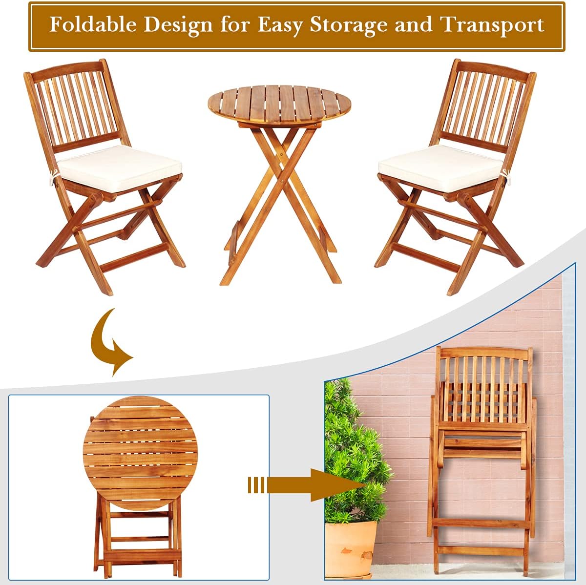 3pc Folding Acacia Wood Bistro Set