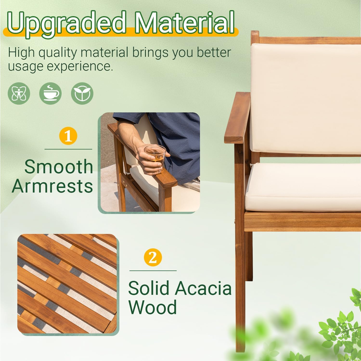 Greesum 3Pcs Acacia Wood Bistro Sofa Set