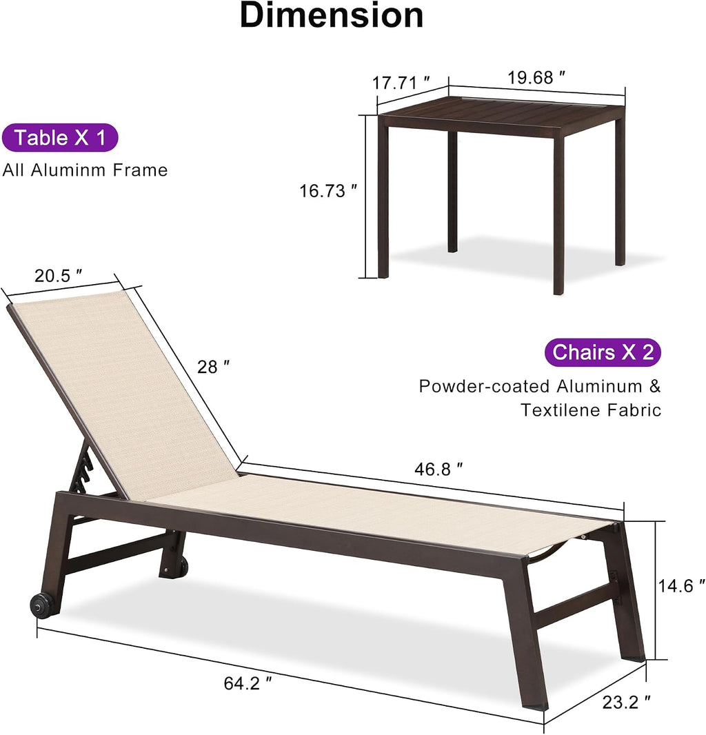 2 Wheeled Aluminum Chaise Lounges Set