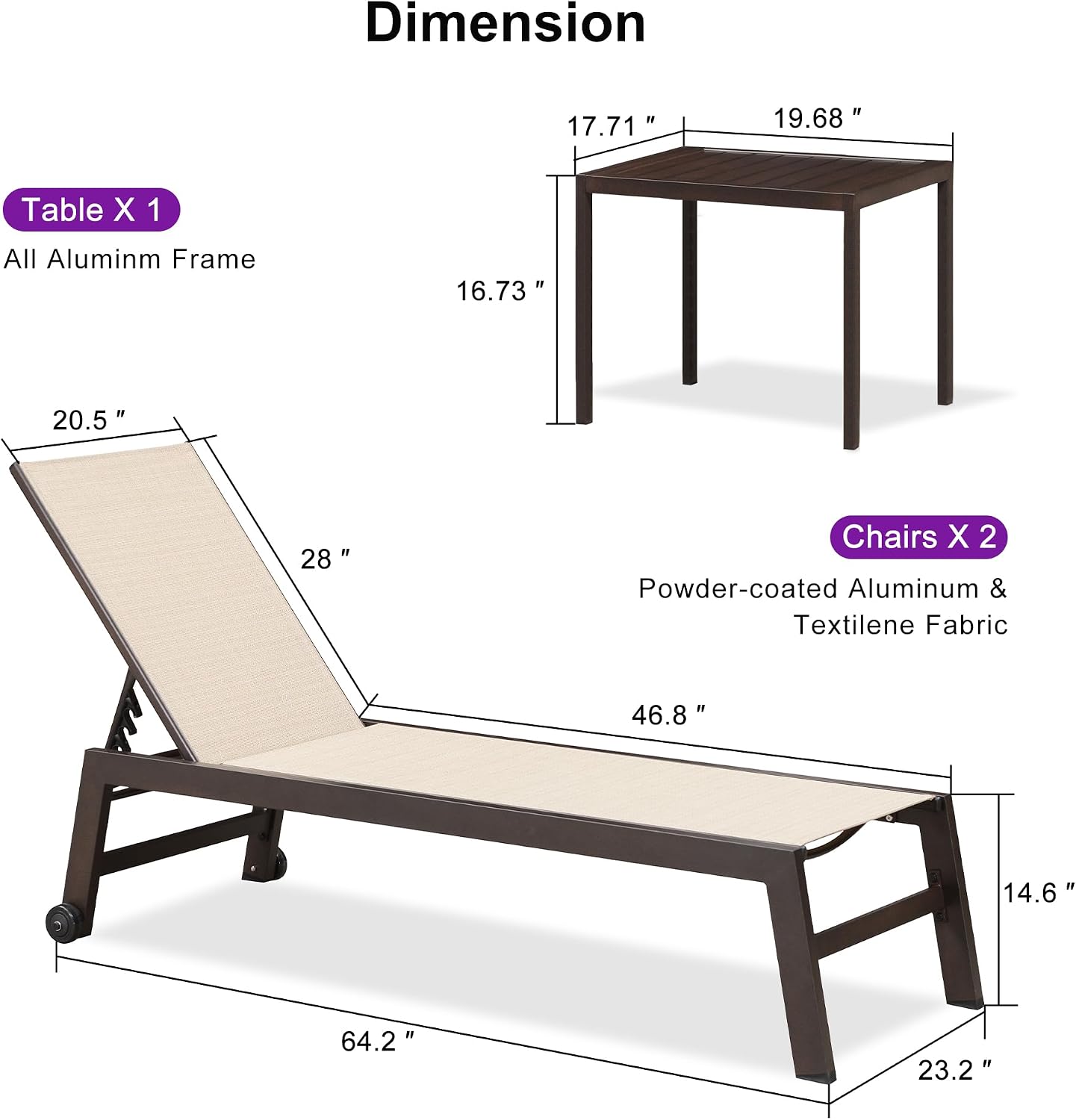 2 Wheeled Aluminum Chaise Lounges Set