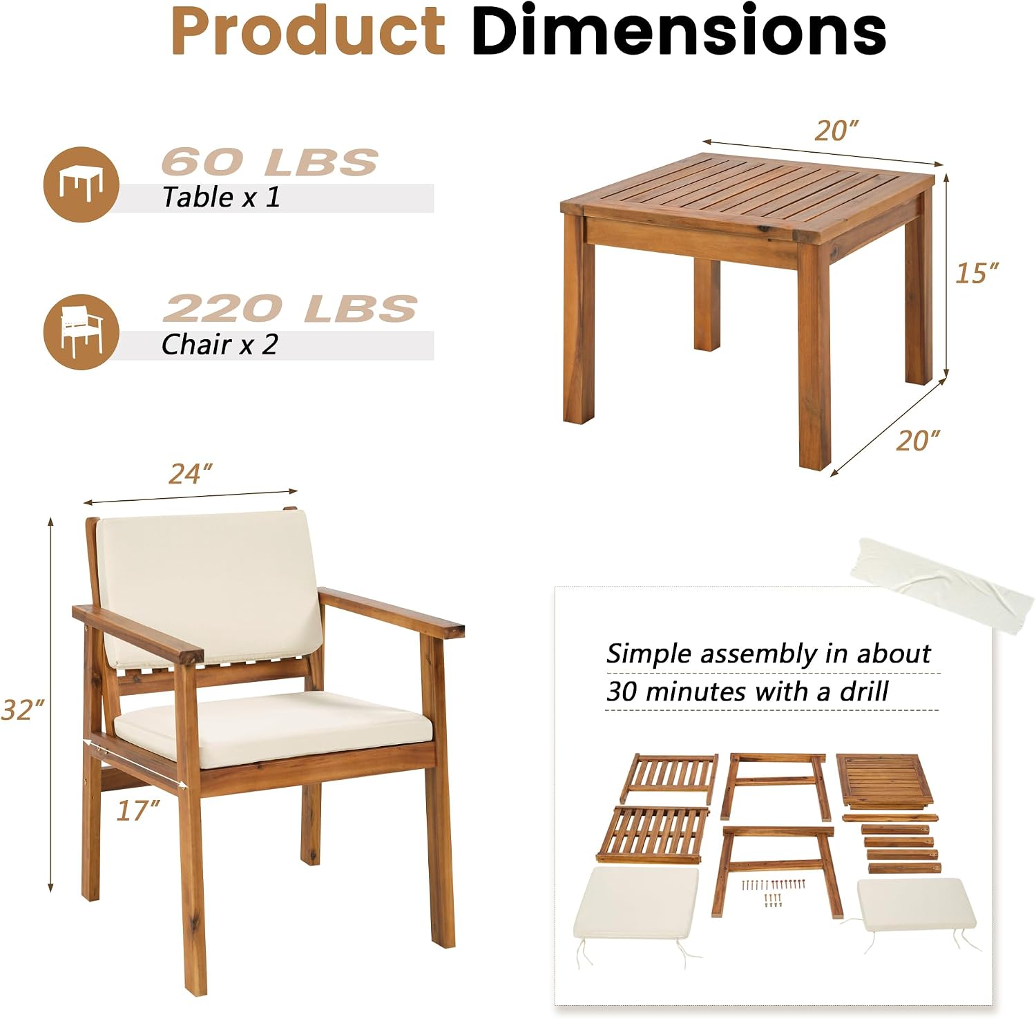 3pc Acacia Wood Patio Conversation Set