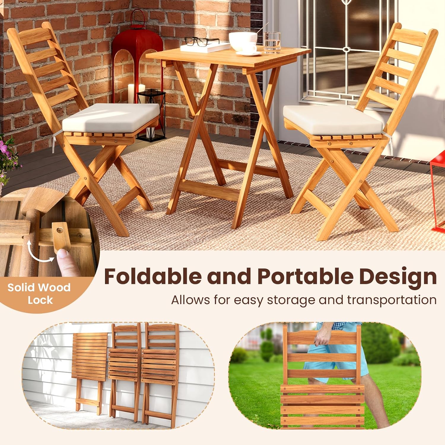 3pc Folding Acacia Wood Bistro Set