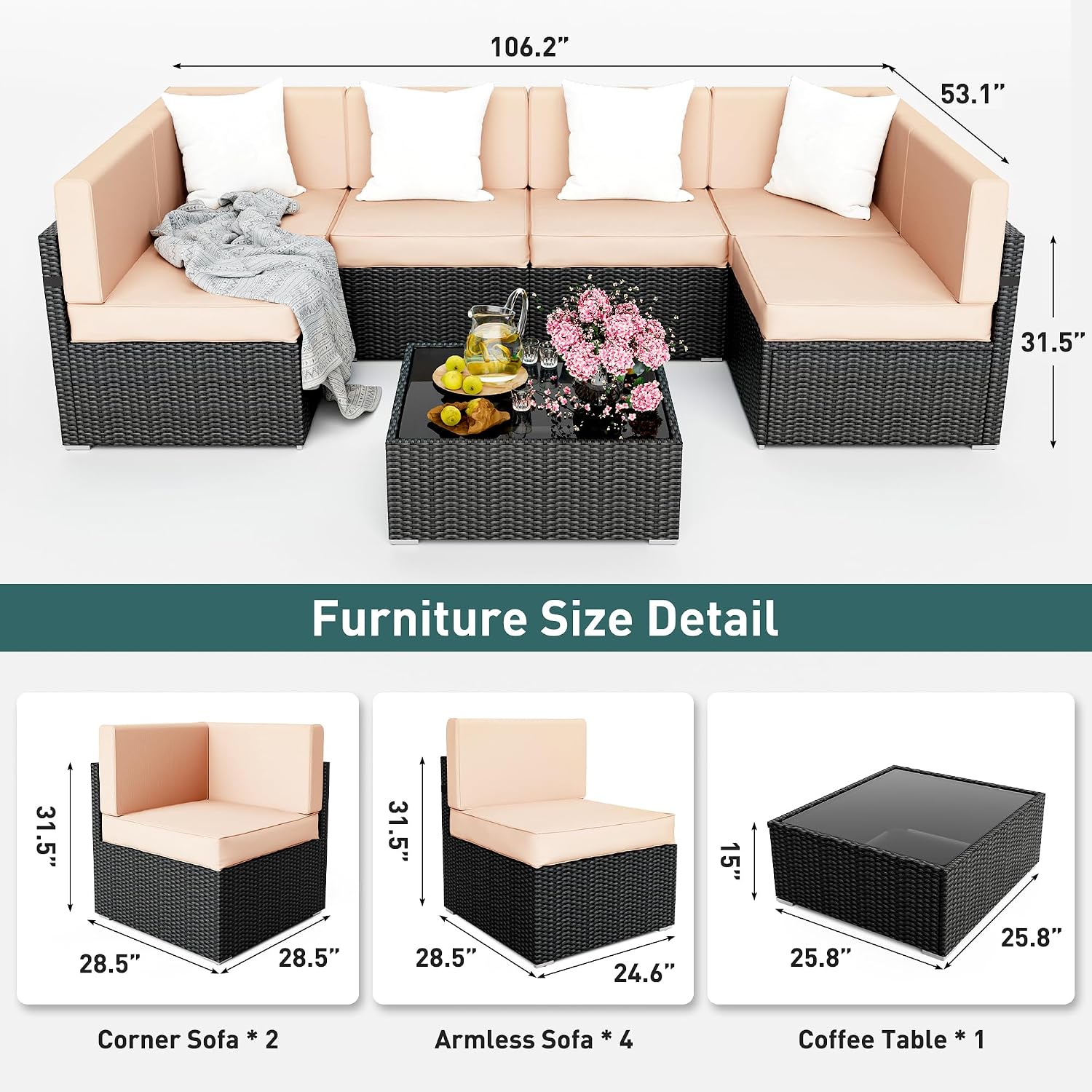 Pamapic 7 Pieces Wicker Patio Sectional Sofa Set