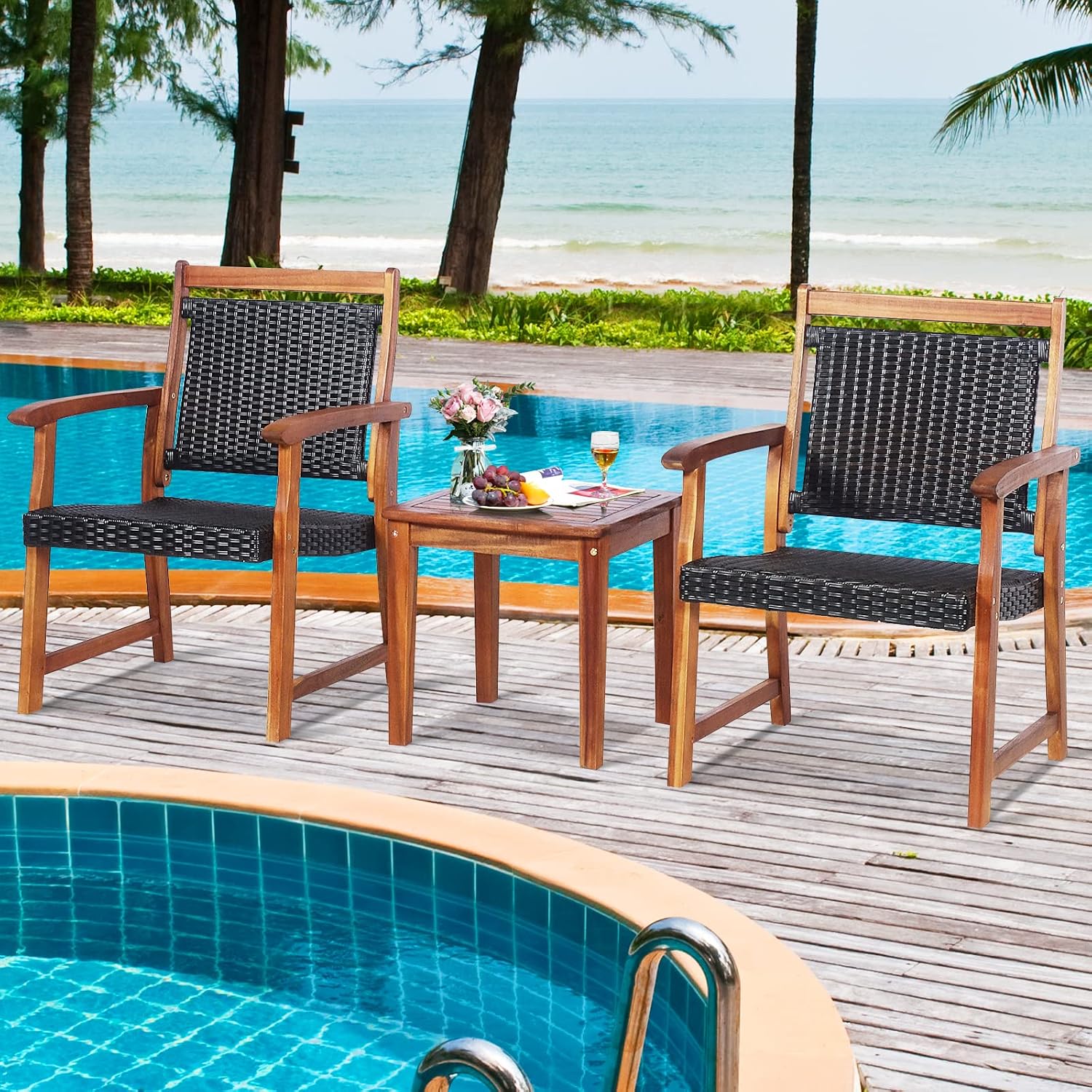 3pc Acacia Rattan Patio Bistro Set