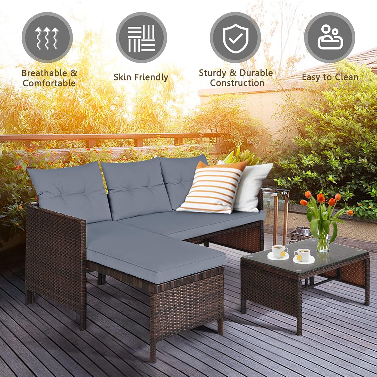 3 PCS Rattan Patio Conversation Set
