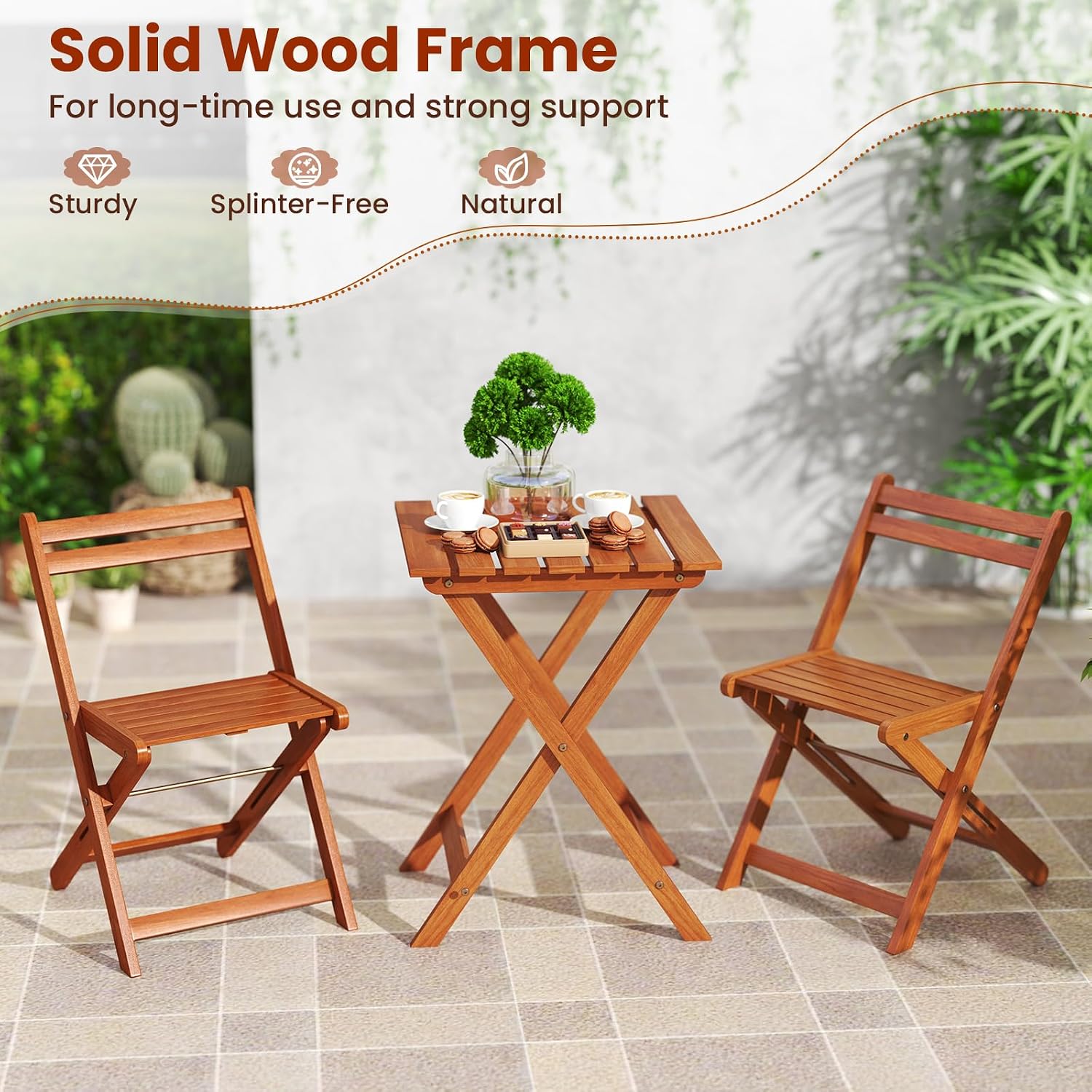 Tangkula 3Pcs Solid Wood Patio Bistro Set