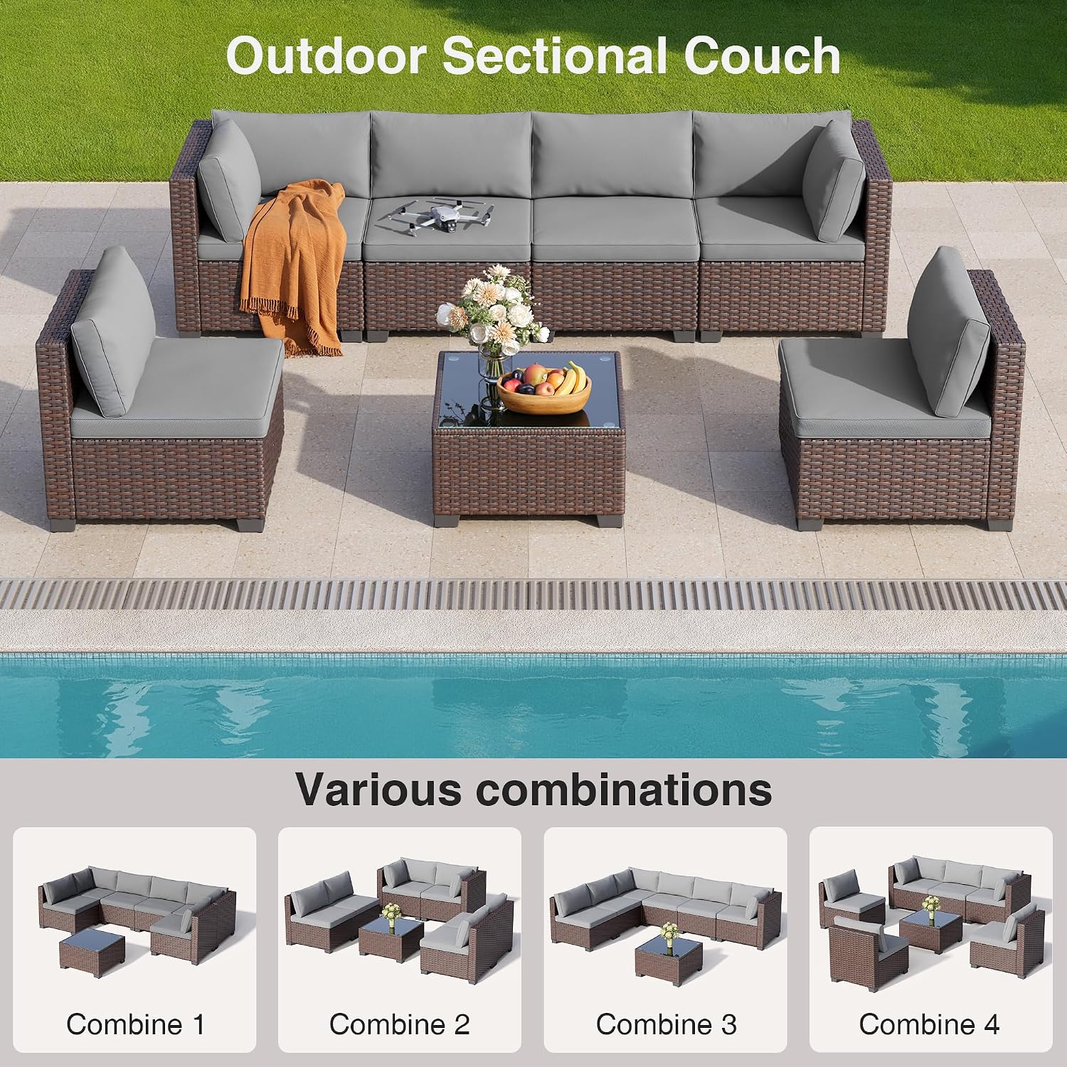 Qsun 7 Pieces PE Rattan Patio Sectional Sofa Set