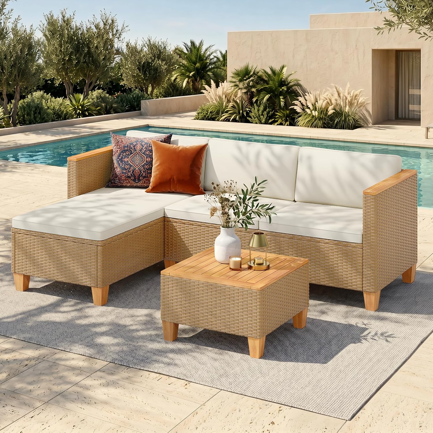 3 Pieces L Shape Wicker Patio Set