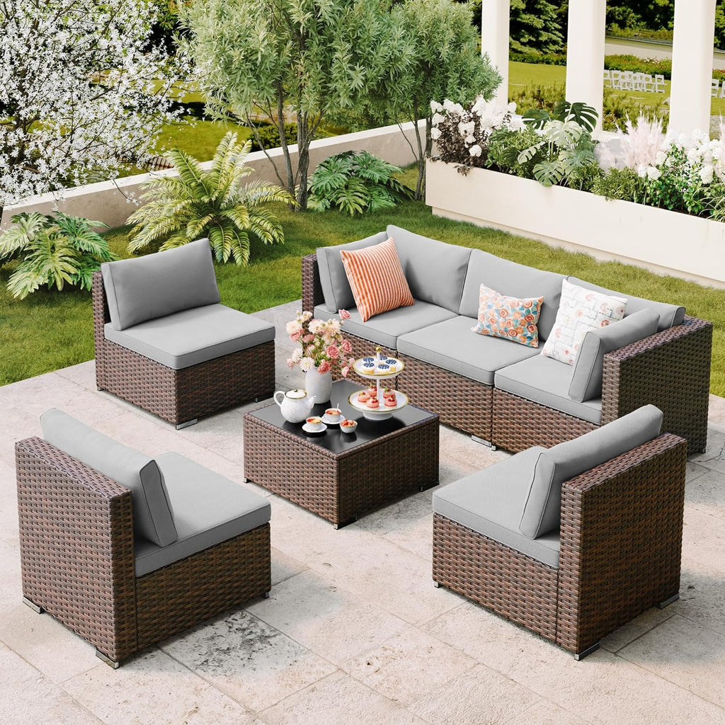 Qsun 7 Pieces PE Rattan Patio Sectional Sofa Set